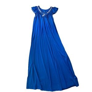 Vintage Cobalt Blue Long Nylon Nightgown Shadowline Flutter Sleeve M Coquette